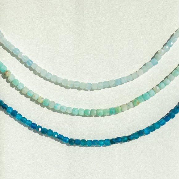 Blue Apatite Gemstone Necklace Gold Toggle Clasp Removable Baroque Pearl - Picture 9 of 16